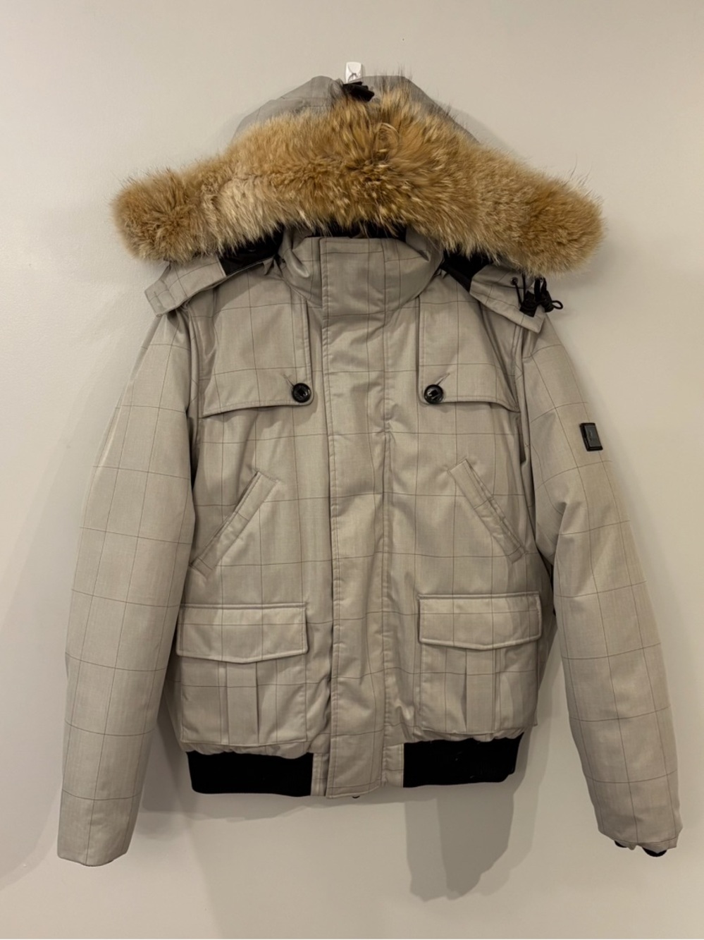 Ookpik William Jacket in Grey Plaid, a winter down bomber coat large real fur